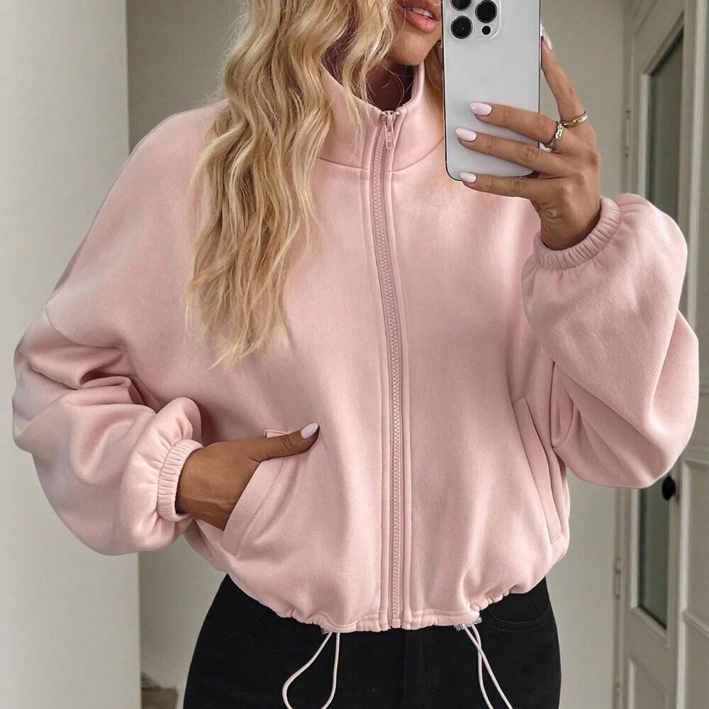 Pink Casual Women's Hooded Zip-Up Long Sleeve Sweatshirt Jacket